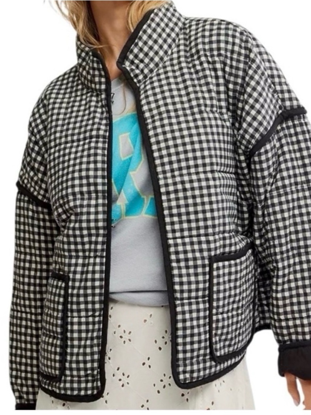 Free People Chloe Black and White Gingham Quilted Jacket